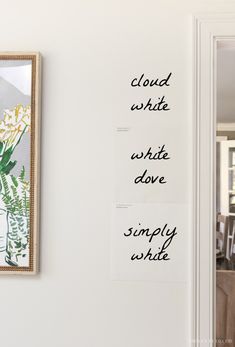 the words cloud white, white dove and simply white are on display in this room