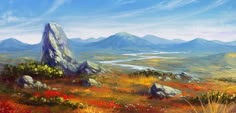 a painting of a mountain landscape with rocks and flowers