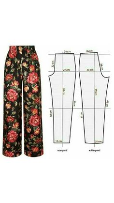 the sewing pattern is shown with measurements for each pants and one side has flowers on it