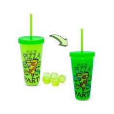 two plastic cups with green straws next to each other