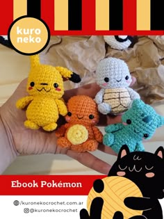 a hand holding several small crocheted pokemons in different colors and sizes, with the text kuro neko on it