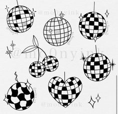 four black and white images of cherries with checkered designs on the top, one in