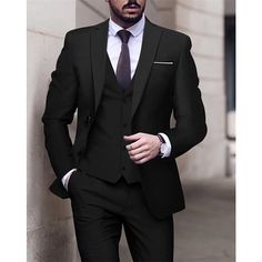 Category:Suits; Season:Spring, Fall, Winter, Summer; Fabric:Cotton Blend; Includes:Vest,Pants,Jacket; Occasion:Wedding; Fit Type:Tailored Fit; Jacket Buttons:Single Breasted One-button; Vest Buttons:4; Pattern:Solid Colored; Neckline:Notch; Listing Date:07/05/2023; Production mode:External procurement; Pant Length:; Pants Waist:; Shoulder Width:; Sleeve Length:; Bust:; Height:null; Weight (kg):null; Hips:null; Clothing Length:; Number of Pieces:3 Piece; Design:Classic Groom Attire Black And White, Classic Black Suit Men, Wedding Tuxedo For Men Black, Groom Attire Black, Mens Tux, Wedding Suits Men Black, Groom Suit Black, Wedding Tux, Tuxedo Shirt Men