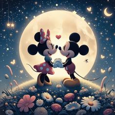 mickey and minnie kissing in front of the moon