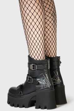 CRYPT CREEPS.- Statement chunky platform boot.- Buckle details.- Spider web embroidery.- Rear zip.With KILLSTAR branding, 100% Polyurethane.Wipe clean with a damp cloth only. Imported. Trendy Boots For Women Goth, Goth Boot Storage, Kill Star Boots, Cobweb Shoe, Pentagram Boots, Blight Aesthetic, Spider Web Embroidery, Web Embroidery, Emo Shoes