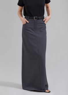 Color: Black Smooth leather Silver tone metal buckle fastening 100% Leather By The Frankie Shop. Made in France The Row Skirt, Preppy Stitch, Long Black Pencil Skirt, Maxi Pencil Skirt, Long Pencil Skirt, Tailored Skirt, Midi Wrap Skirt, The Frankie Shop, Suiting Fabric