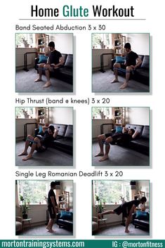 the instructions for how to do a home glute workout on a couch