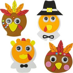 three paper turkeys with hats and bows on their heads