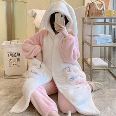 Cute Hooded Robe Winter Pajamas White Cozy Winter Sleepwear, Cozy White Winter Sleepwear, Cozy Super Soft Long Sleeve Onesie, Cozy Long Sleeve Super Soft Onesie, Super Soft Cozy Long Sleeve Onesie, Cozy Winter Sleepover Sets, Cozy Winter Home Sets, Cozy Pink Sets For Pajama Party, Cozy Pink Loungewear Sets