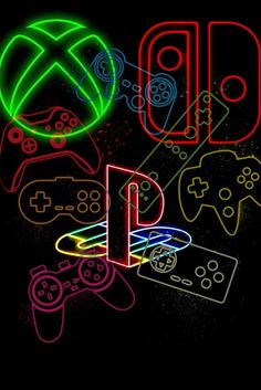 neon text and video game controllers on a black background