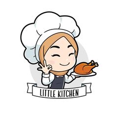 a woman holding a turkey in her hand and wearing a chef's hat with the words little kitchen on it