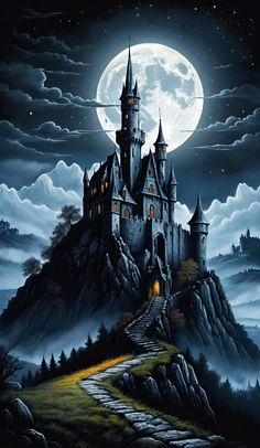 a painting of a castle on top of a hill at night with the moon in the sky