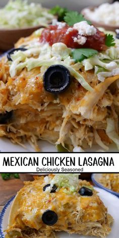 A double photo collage of Mexican lasagna with shredded chicken. Mexican Chicken Lasagna, Cheesy Mexican Chicken, Lasagna Side Dishes, Chicken Lasagna Recipe, Classic Lasagna Recipe, Mexican Lasagna, Lasagna Ingredients, Spicy Cheese, Classic Lasagna