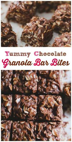 chocolate granola bar bites are stacked on top of each other with the words, yummy chocolate granola bar bites