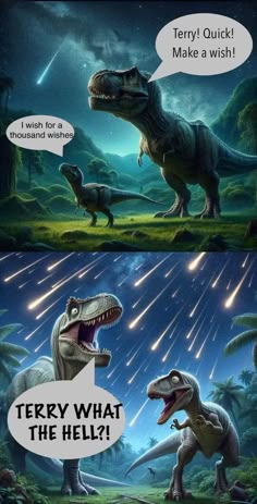 two dinosaurs are in the middle of an image with caption that reads, they're