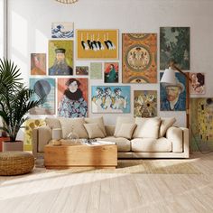 a living room filled with furniture and lots of pictures on the wall above it's couch