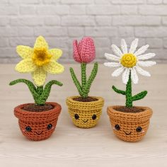 three crocheted potted plants with flowers in them, one has a smiley face