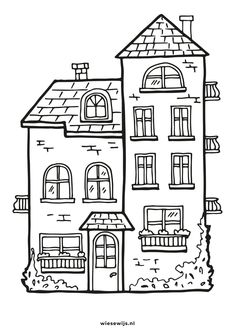 a black and white drawing of a house with lots of windows on the front side