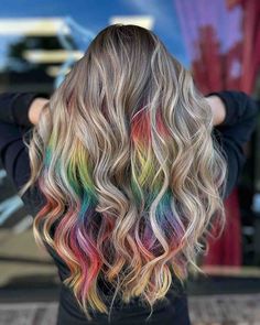 Rainbow Babylights, Rainbow Hair Highlights, Rainbow Hair Colors, Rainbow Hair Ideas, Hidden Rainbow Hair, Rainbow Highlights, Vivid Hair, Vivid Hair Color, Rainbow Hair Color