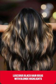 Glossy Dark Black Hair with Bronde Caramel Highlights Blonde Highlights On Black Hair, Highlights On Black Hair, Caramel Highlights