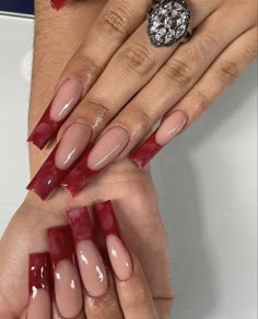 Chocolate And Red Nails, Acrylic Colored Tips, Red Arclyc Nails, Crazy Red Nails, Sugar Free Outfits, Red Marble Nails Acrylic, Marble Red Nails, Red Nails Acrylic Design, Dark Valentines Nails