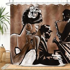 a shower curtain with an image of two men and a woman playing the piano together