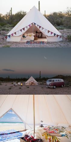 a tent that is in the middle of some sand and has a table with food on it