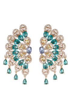 Turn heads in statement earrings featuring an array of mixed cut and colored glistening cubic zirconia stones. 2" length Post back Goldtone plate/cubic zirconia Imported Gem Stones Jewelry, Stone Accessories, Formal Jewelry, Purple Quartz, Gem Jewelry, Stones Jewelry, Gemstones Jewelry, Earrings In Gold, Gifts For Sister