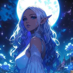 a woman with long blue hair standing in front of a full moon