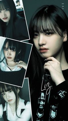 four pictures of young women with bangs and long hair, one is wearing a black jacket