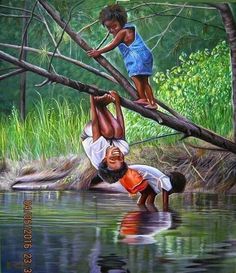 a painting of two children playing on a tree branch in the water with grass and trees behind them