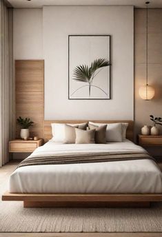 a bedroom with a bed, nightstands and paintings on the wall above it in neutral colors