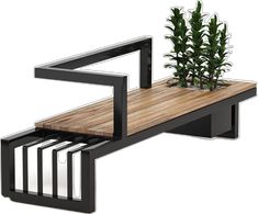 a plant is sitting on top of a wooden bench with metal bars around the edge