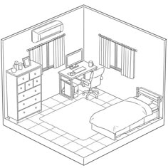 a line drawing of a bedroom with a bed, desk and dresser in the corner