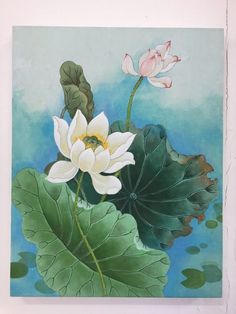 a painting of white flowers and green leaves