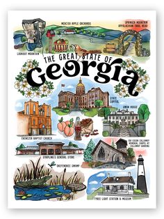 the great state of georgia is shown in this hand drawn map, with all its major landmarks