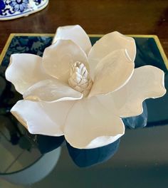 a white flower sitting on top of a glass table