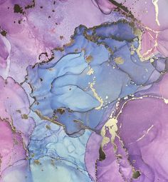 an abstract painting with blue, purple and gold paint on it's surface is shown