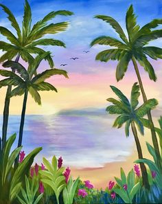 a painting of palm trees and the ocean