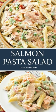 salmon pasta salad with peas and peas in a bowl