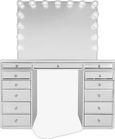 a white vanity with lights on it and drawers in front of the mirror is shown