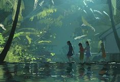 three children are walking in the water near palm trees