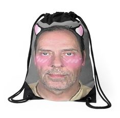 a drawsack bag with a man's face and cat ears painted on it