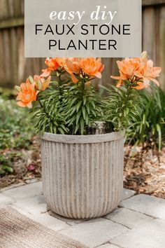 an easy diy faux stone planter with flowers in it and text overlay that reads, easy diy faux stone planter