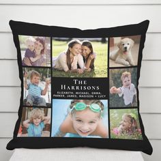 a black pillow with pictures of children and their parents on it, which says the harrisons