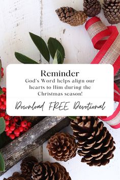 christmas decorations and pine cones with the words reminder god's word helps align our hearts to film during the christmas season