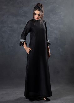 Embellished long dress,Black Raw silk long dress,formal black dress for wedding,festival and formal occasions. This beautiful floor length long dress has embroidery over the neck and sleeves. ✨This dress can be customise in any other colour and in all size, please contact us regarding any changes if you want.We will make this dress as per your choice. ✨We use high quality fabric and threads for embroidery.You won't face any problem in future regarding fading of colour or anything. You can use th Silk Embroidered Maxi Dress For Evening, Evening Embroidered Silk Maxi Dress, Black Long Gown For Festive Occasions, Black Embroidered Long Sleeve Gown, Festive Elegant Long Dress Abaya, Black Long Sleeve Embroidered Gown, Festive Elegant Long Abaya, Elegant Festive Maxi Dress, Festive Black Long Gown