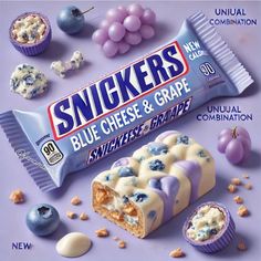 an advertisement for snickkers blue cheese and grape candy with grapes on the side