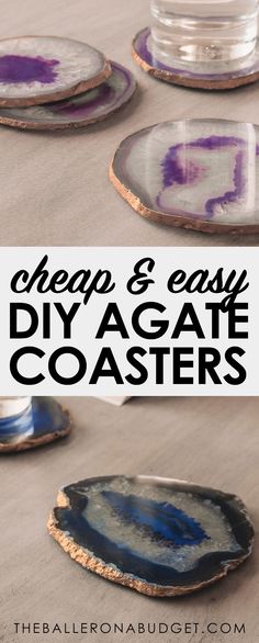 purple and white agate coasters with text overlay reading cheap & easy diy agate coasters