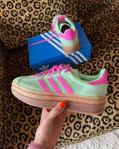 Green And Pink Gazelle, Colourful Adidas Shoes, Colorful Adidas Shoes, Platform Gazelle Adidas, Gazelle Adidas Platform, Pink And Green Gazelles, Adidas Gazelle Bold Pink Outfit, Adidas Gazelle Bold Outfit, Gazelle Bold Outfit